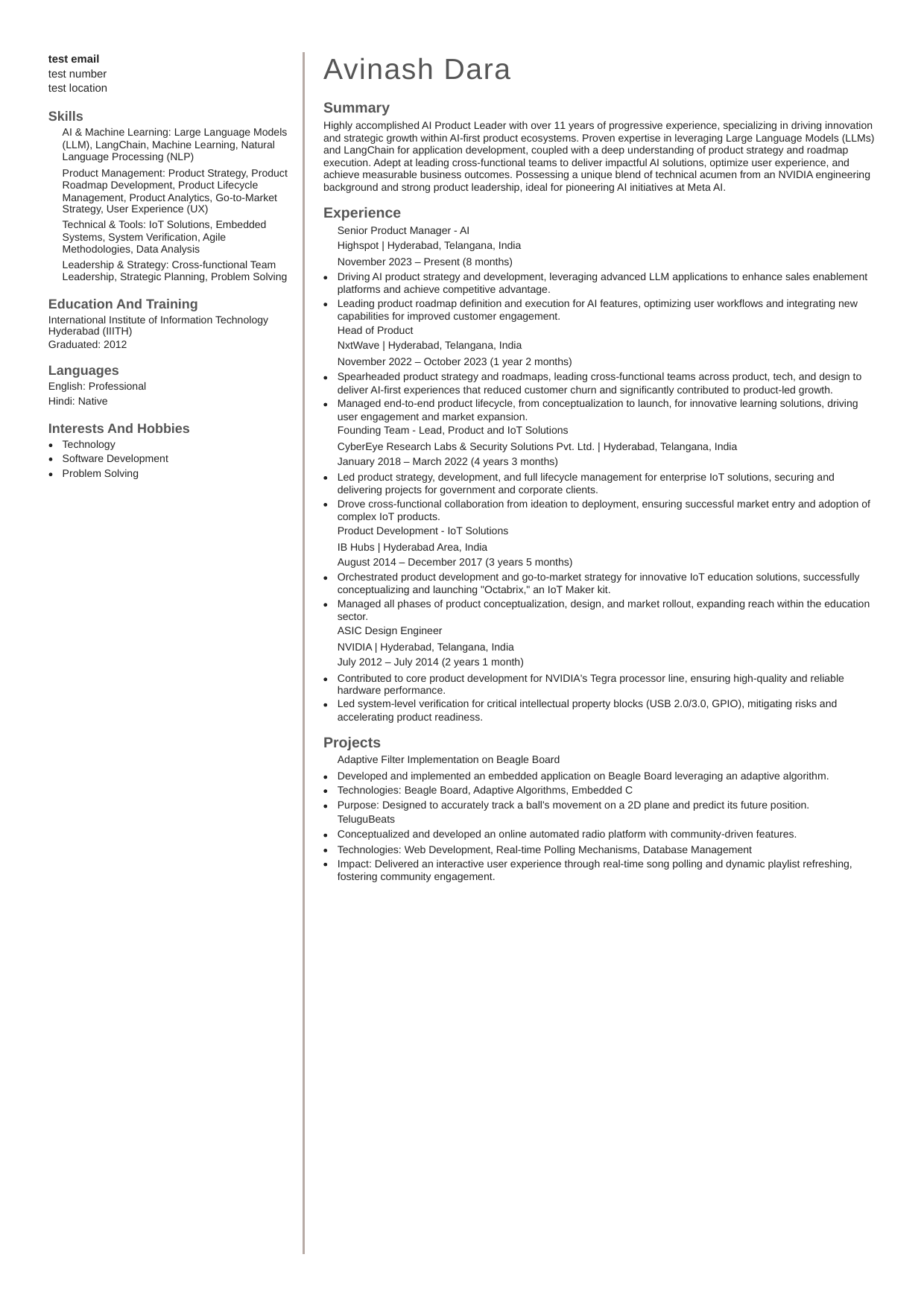 AI Product Manager resume sample