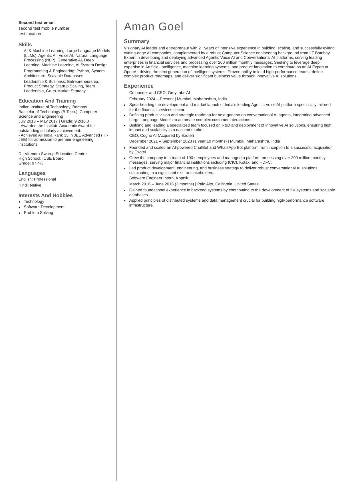 AI Engineer and Founder resume sample