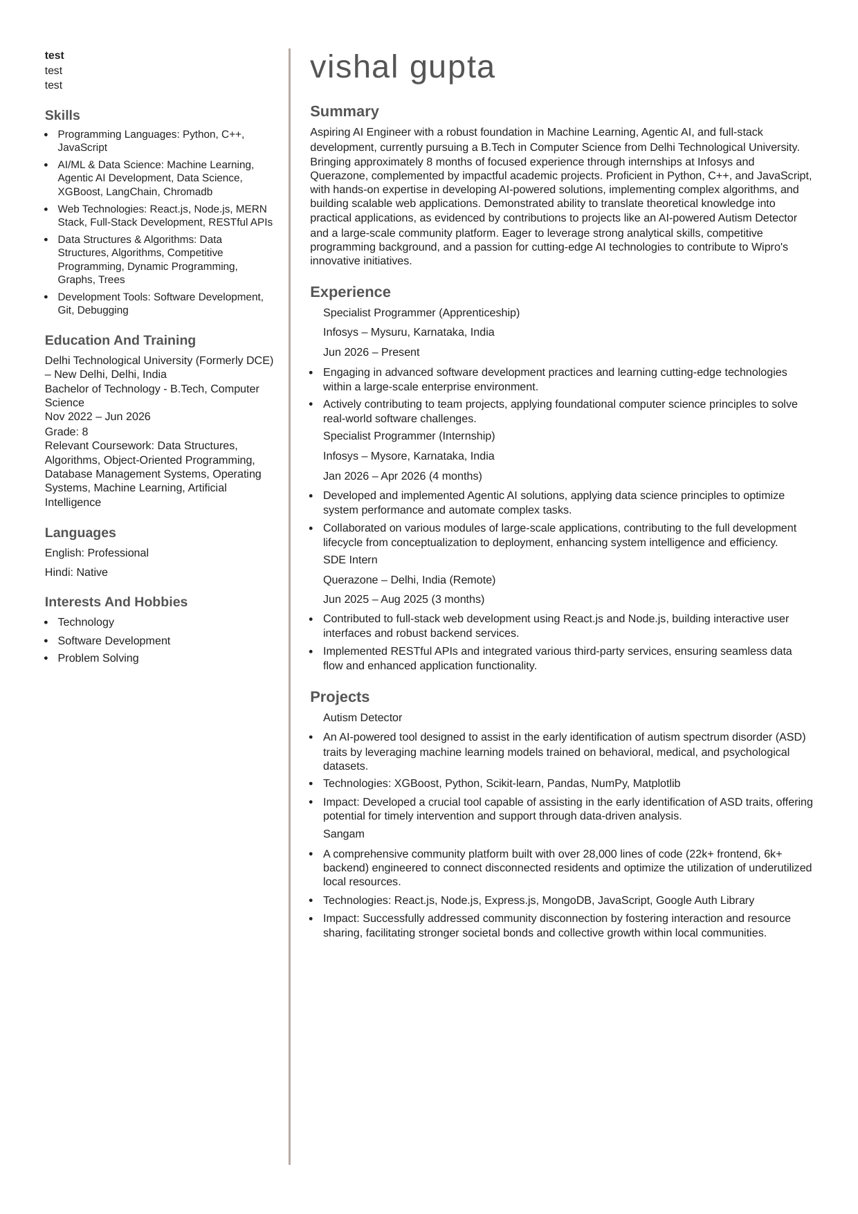 Full-Stack and AI Developer resume sample
