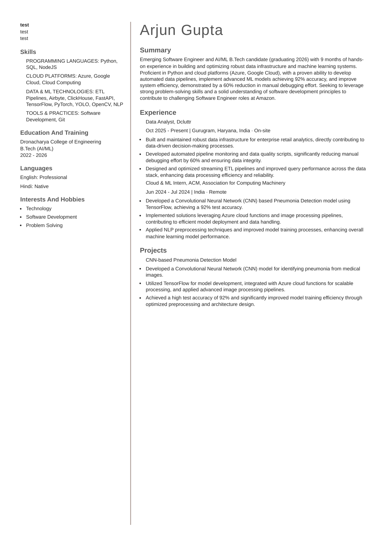 AI/ML Software Engineer resume sample