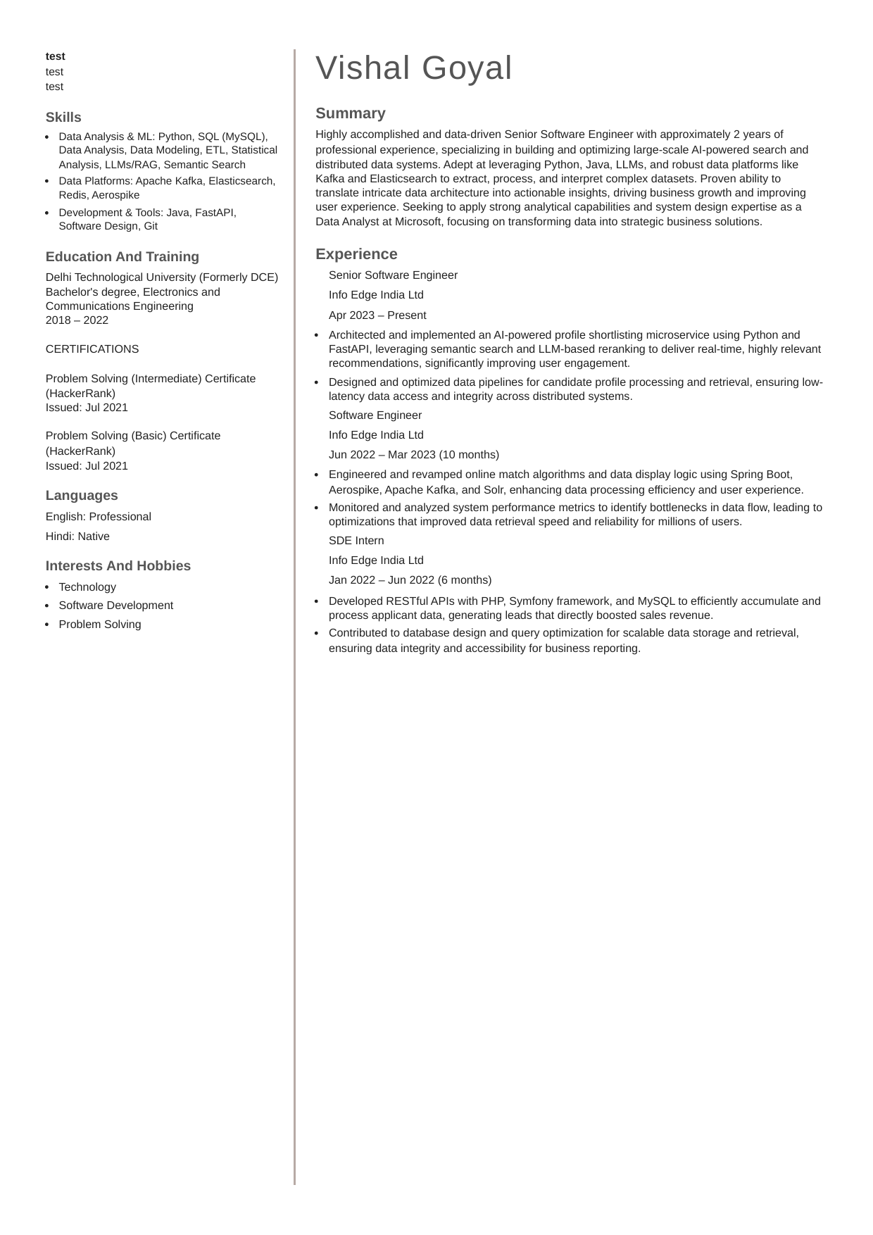 Senior Data and ML Engineer resume sample